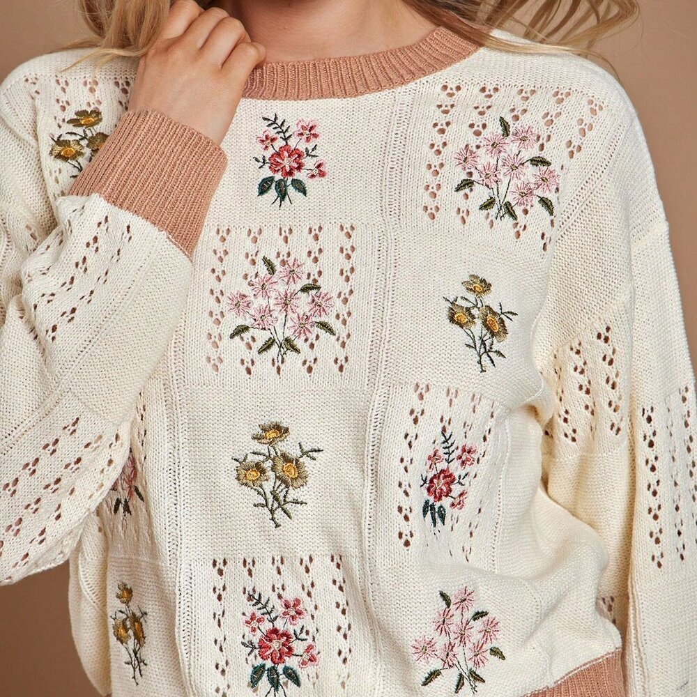 Apricot Casual Women's Patchwork Floral Knit Sweater - Picture 5 of 5
